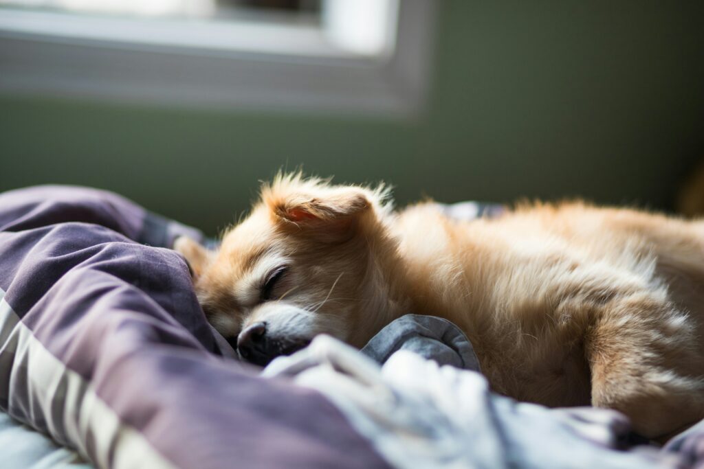 Senior dog resting on a memory foam bed, part of a routine to manage senior dog sleep problems
